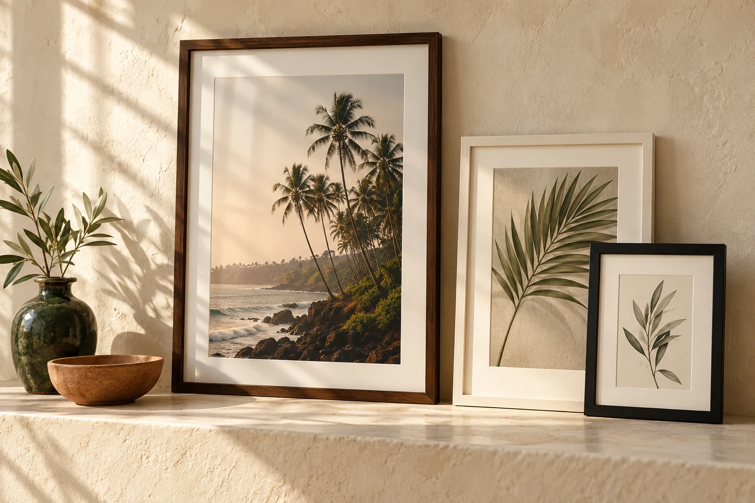 Framed artwork in a warm sunlit interior